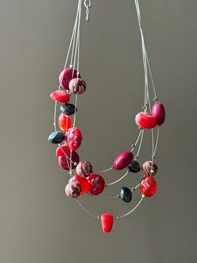 Multicolor Beaded Statement Necklace - Blue, Red & Pink